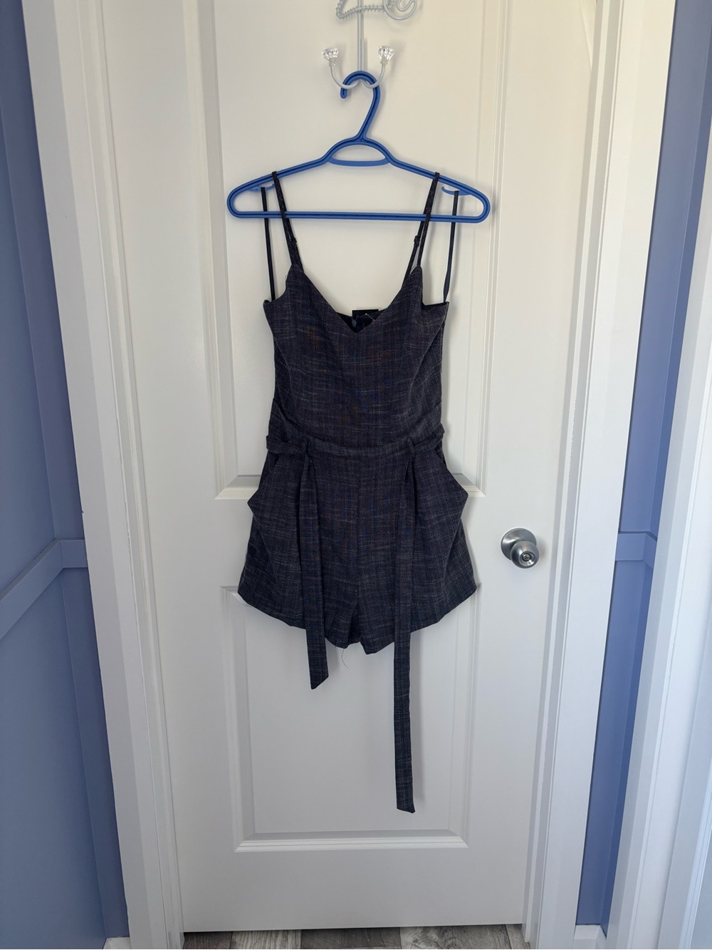 Women's Charcoal Plaid Sleeveless Romper with Waist Tie